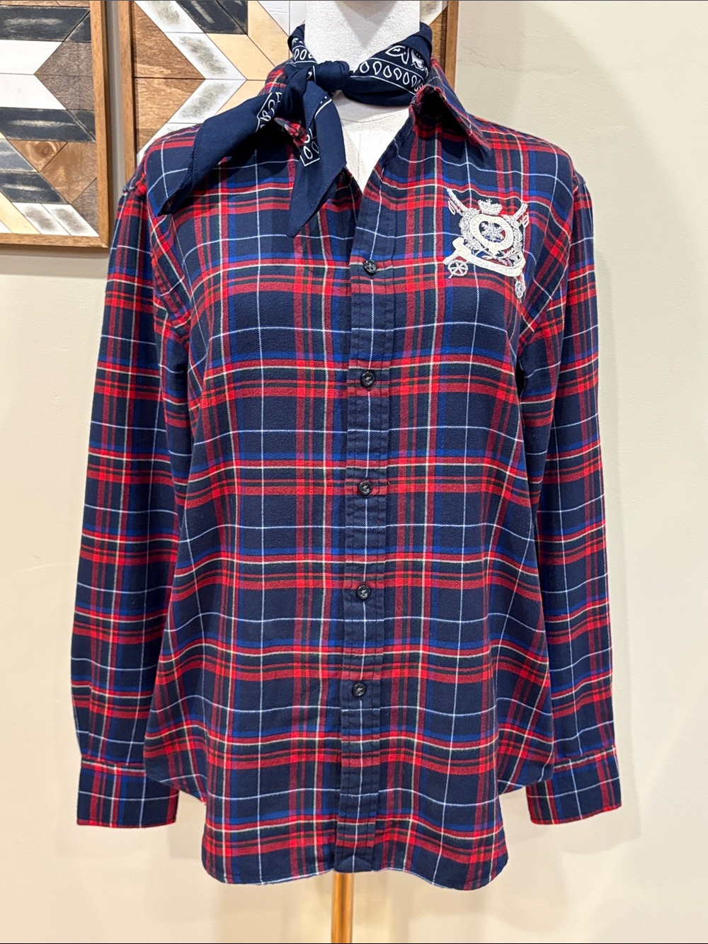 Vintage Ralph Lauren Sport Ski Apparel Embellished Crest Logo Flannel Top sz 10